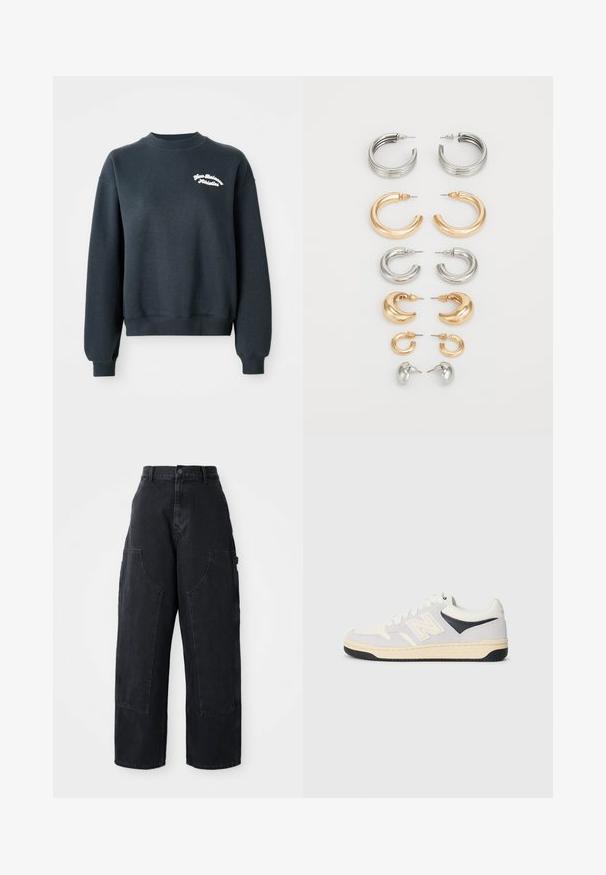 Sudadera gris oscura de mangas largas y cuello redondo. Presenta un bordado blanco de "New Balance Athletics" en el pecho. Textura suave.; Pantalones cargo de denim negro de pierna ancha con cintura alta, dos grandes bolsillos frontales y cierre de botón en la cintura. Textura suave, diseño casual.; Zapatilla deportiva en blanco, gris y negro. Presenta materiales de ante y textil, puntera perforada y logo en el lado. Suela de goma.; Juego de ocho pendientes de metal en tonos plateados y dorados. Incluye varios estilos de aros, texturas y acabados, organizados por tamaño.