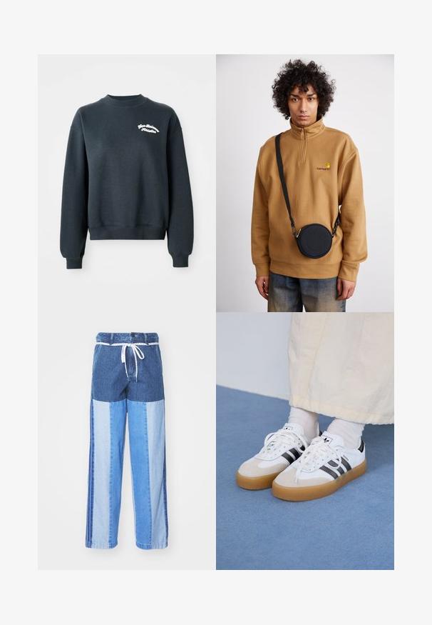 Temno sivi pulover z dolgimi rokavi in okroglim izrezom. Na prsih je prikazana bela vezenina "New Balance Athletics". Mehka tekstura.; Modre jeans hlače s patchwork dizajnom v različnih odtenkih modre, vrvico za prilagajanje na pasu in ohlapnimi, ravnimi nogavicami.; Bele tene škornje s črnimi črtami in bež usnjenimi detajli. Imajo teksturirano gumijasto podplat in ravne bele vezalke, nosijo se z svetlimi nogavicami.; Rjav polarni pulover s četrt zadrgo in vezenim logotipom, s črno krožno torbico za čez ramo z zadrgo in podrobnostmi logotipa, oblečen nad denimom.