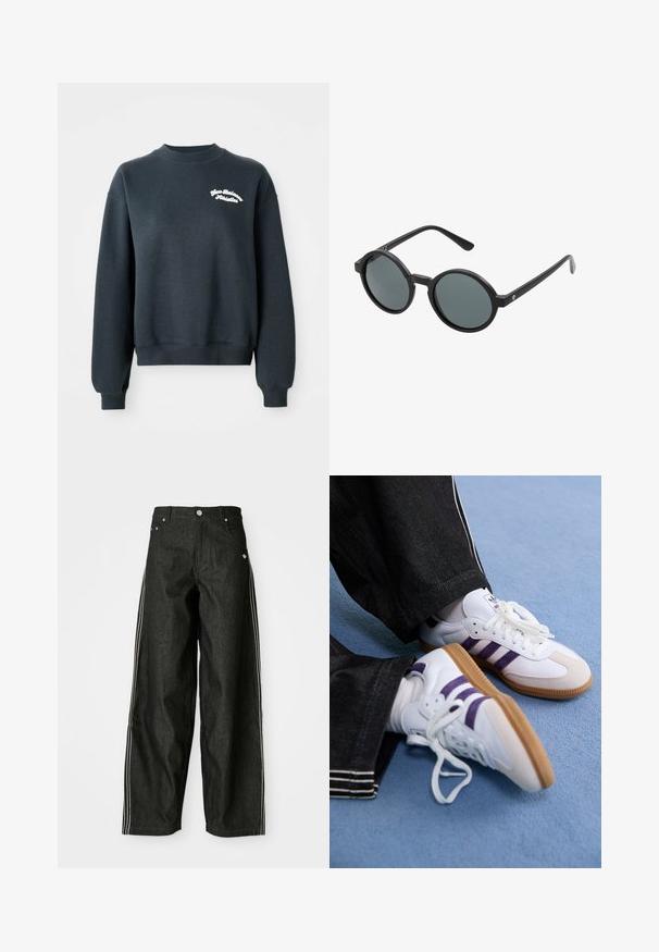 Felpa grigia scura con maniche lunghe e colletto rotondo. Presenta un ricamo bianco "New Balance Athletics" sul petto. Texture morbida.; Pantaloni larghi in denim nero con strisce laterali bianche, dotati di tasche frontali, chiusura con bottone e un logo discreto vicino alla vita.; Scarpe da ginnastica bianche con strisce viola e suole in gomma marrone, caratterizzate da lacci tondi e un collo imbottito. Indossate con pantaloni in denim scuri.; Occhiali da sole rotondi con montatura in plastica nera e lenti grigio scuro. Presentano bracci sottili e dritti con accenti minimalisti.