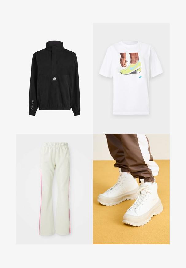 Zwarte fleece pullover met een hoge kraag, half-rits ontwerp, elastische manchetten en tailleband, met een driehoekig logo op de voorkant.; Witte katoenen t-shirt met een afbeelding van voeten in gele Nike voetbalschoenen met blauwe accenten, gecombineerd met een armband om de linkerpols.; Lichtbeige broek met een elastische tailleband, voorzien van roze zijpanelen en zijzakken. Gladde textuur met een recht gesneden pasvorm.; Witte hoge sneakers met een chunky, gestructureerde zool, voorzien van een gladde bovenkant, ronde neus en tonale veters, tegen een gele achtergrond.