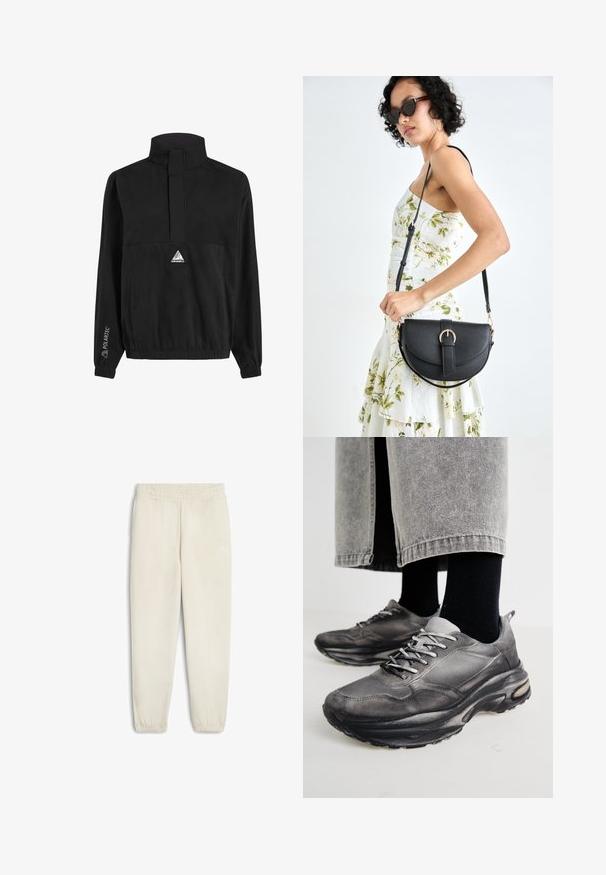 Czarny polarowy pulower z wysokim kołnierzem, z suwakiem na pół długości, elastycznymi mankietami i pasem, z trójkątnym logo z przodu.; Jasnobeżowe dresy wykonane z miękkiego materiału, z elastyczną talią, zwężanymi dołem nogawkami i małym białym logo z boku.; Czarno-szare buty sportowe mają siatkową cholewkę, grube podeszwy i sznurowadła. Mają zaokrąglony nosek i widoczną poduszkę amortyzującą.; Czarna skórzana torebka o zakrzywionym kształcie, z odpinanym paskiem i złotymi akcentami. Torebka posiada klapę z zapięciem w kształcie klamry.