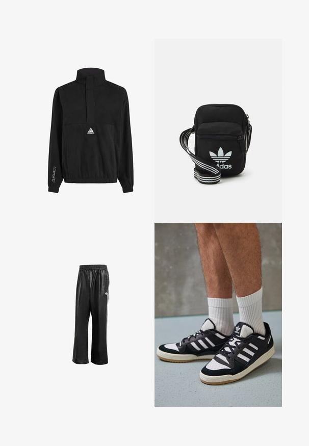 Pull en polaire noir avec col haut, design à mi-zip, poignets et taille élastiques, arborant un logo triangulaire à l'avant.; Pantalons de sport synthétiques noirs avec une taille élastique, dotés de rayures blanches sur les côtés et d'un petit logo blanc sur la hanche gauche.; Baskets noir et blanc avec une tige en suède et cuir, comportant trois rayures blanches, un bout perforé et une semelle en caoutchouc gum.; Sac bandoulière noir en tissu avec fermeture éclair, arborant un logo Adidas blanc et une sangle réglable rayée pour un port facile.