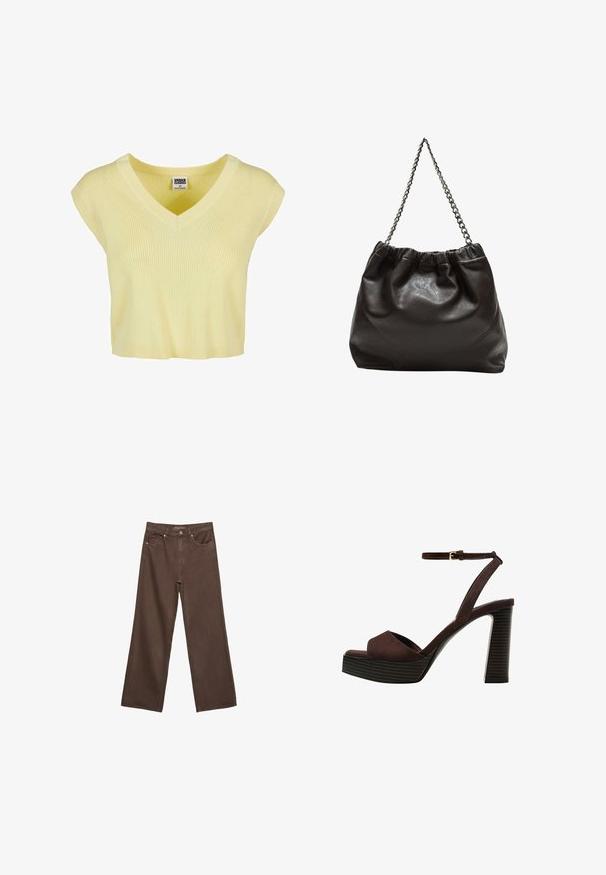 Geel geribbeld kort mouw v-hals top met een relaxte pasvorm. Gemaakt van lichte stof, heeft het een subtiele textuur en recht gesneden zoom.; Brede bruine spijkerbroek van denim, met een hoge taille, voorzakken en een klassieke knoopsluiting. Soepele textuur met subtiele stiksels.; Bruine suède high-heeled sandaal met een open teen, verstelbare enkelband en een gestreepte plateauzool.; Bruine leren tas met een geplooide bovenkant en een kettinghengsel. Glad textuur met een glanzende afwerking en subtiele naaddetails aan de zijkanten.