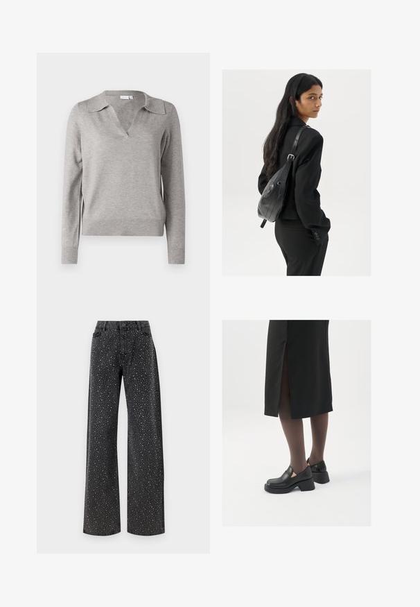 VILA VIAMANDA - Džemper - light grey; Valge ilma varrukateta T-särk, mis on valmistatud ribakangast, ümarate kaelustega ja kitseneva siluetiga, minimaalse õmbluste ning ilma kaunistusteta.; Noisy May NMJANNEL LOOSE - Avar lõikega teksad - black denim; Mustad mustad jalatsid ümmarguse varbaga, paksu plokkniidi ja elastsete külgdetailidega, kombineeritud tumedate sukkade ja musta lõhikuga seelikuga.; Pikkade tumehaired naine mustas ülikonnas, kandes musta nahast õlakotti, vaatab üle õla valge tausta taustal.; Hõbedased rõngastikkaehingad minimalistlikus disainis. Ümar kuju, sile tekstuur ja õhuke profiil. Kerged ning poleeritud viimistlusega.