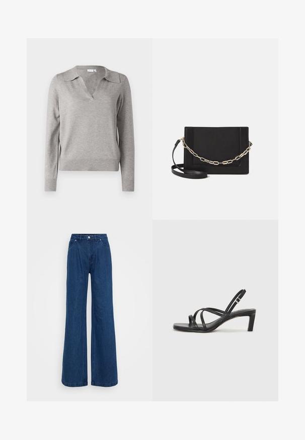 VILA VIAMANDA jasnoszary melanż; Niebieskie dżinsy o szerokich nogawkach z wysokim stanem, z przodu na guzik i zamek błyskawiczny, oraz kieszeniami z przodu i z tyłu na jednolitym tle.; Czarne sandały na obcasie z prostokątnym noskiem i niskim słupkowym obcasem. Posiadają wiele cienkich pasków i regulowany pasek na kostkę. Wykonane z gładkiej skóry.; Czarna skórzana torebka typu crossbody z gładką teksturą, prostokątnym kształtem oraz metalowym detalem w postaci łańcuszka z przodu. W zestawie regulowany pasek.; Srebrna obrączka podwójna z gładką, polerowaną powierzchnią. Posiada płynny, zakrzywiony kształt z nakładającymi się sekcjami, co nadaje nowoczesny wygląd.