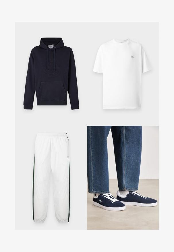 Námornícko modrá mikina s kapucňou s prednou klokanou vreckom, s nastaviteľnou kapucňou a embosovaným logom na hrudi. Vyrobená z mäkkej zmesi bavlny.; Biely bavlnený tričko s okrúhlym výstrihom a krátkymi rukávmi. Obsahuje malú čiernu značku Lacoste na ľavej strane hrudníka.; Biele športové nohavice s tmavozelenými bočnými panelmi. Ľahký materiál, elastický pás a sťahované lemy. Obsahujú sieťovinovú textúru na bočných paneloch.; Modré plátené tenisky s bielymi šnúrkami a gumovými podrážkami, vystavené spolu s džínsovými nohavicami a šedými rebrovanými ponožkami na svetlosivom povrchu.