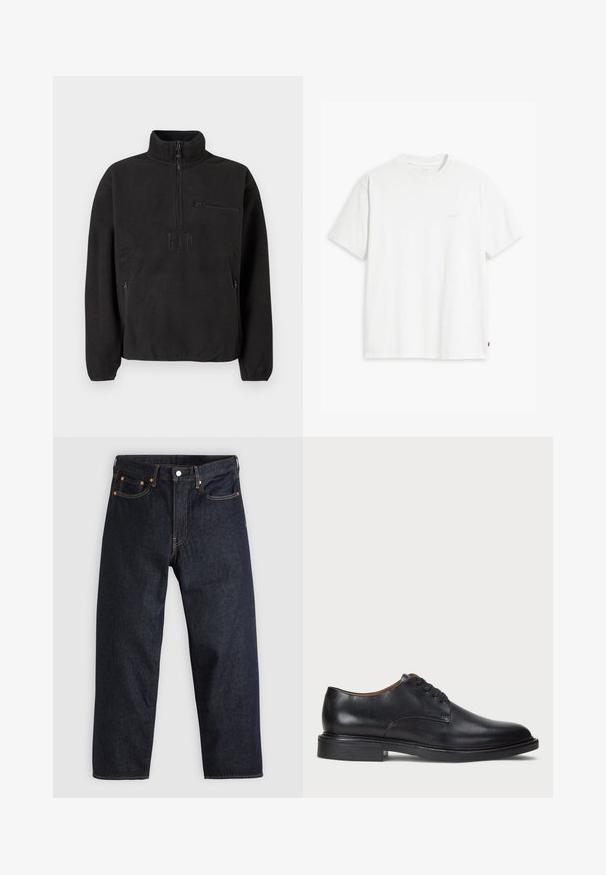 Black fleece pullover with a high collar, half-zip closure, and a front zip pocket. Features a textured fabric and embossed logo.; White cotton t-shirt with short sleeves, round neckline, and a subtle "Levi's" logo printed in light color on the front.; Dark blue denim jeans with a straight cut, five pockets, contrasting orange stitching, and a button fly. No visible patterns or embellishments.; Black leather dress shoe with a round toe, lace-up design, and a low stacked heel. Smooth texture with minimal stitching details.