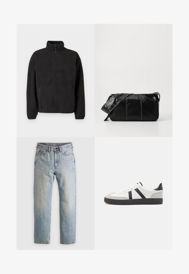 Černý pulovr z fleecu s vysokým límcem, polovičním zipem a přední kapsou na zip. Má texturovanou látku a vyražené logo.; Svetle modré džíny z denimu s vysokým pasem, předním knoflíkem, zipem a designem s pěti kapsami, ležící rovně na neutrálním pozadí.; Bílé tenisky s černými a šedými akcenty, opatřené texturovaným šedým prstovým krytem, černou gumovou podrážkou a plochými bílými tkaničkami. Čistý design, minimalistický styl.; Černá kožená kabelka přes rameno se zapínáním na zip, s texturovaným tělem, bílým prošíváním a popruhem se stříbrnými očky.
