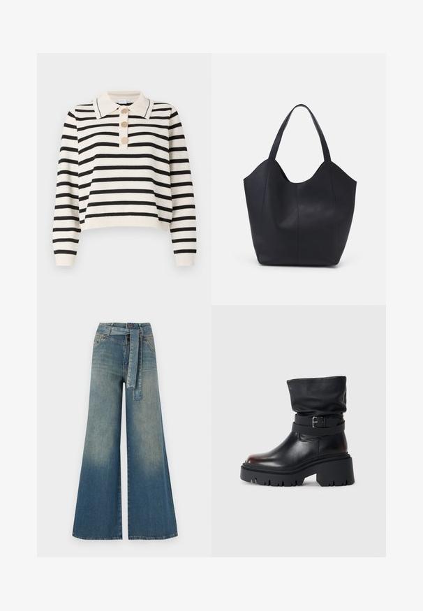Črno-bele črtaste pulover s polo ovratnikom, tremi gumbi prekritimi s tkanino ter rebrastimi manšetami in robom. Mehak material in krajša zasnova.; Široke jeans hlače z gradientom od svetlo do temno modre, visokim pasom, zankami za pas in pasom iz istega materiala. Tekstura denim končnica.; Črne usnjene gležnjarje s sproščenim zgornjim delom, podrobnostjo z zaponko in debelim, robustnim podplatom. Imajo okroglo konico in gladko teksturo.; Črna torba v obliki tote iz gladke usnjene površine, ki ima ukrivljen odprt vrh z dvema naramnicama in minimalističnim dizajnom.