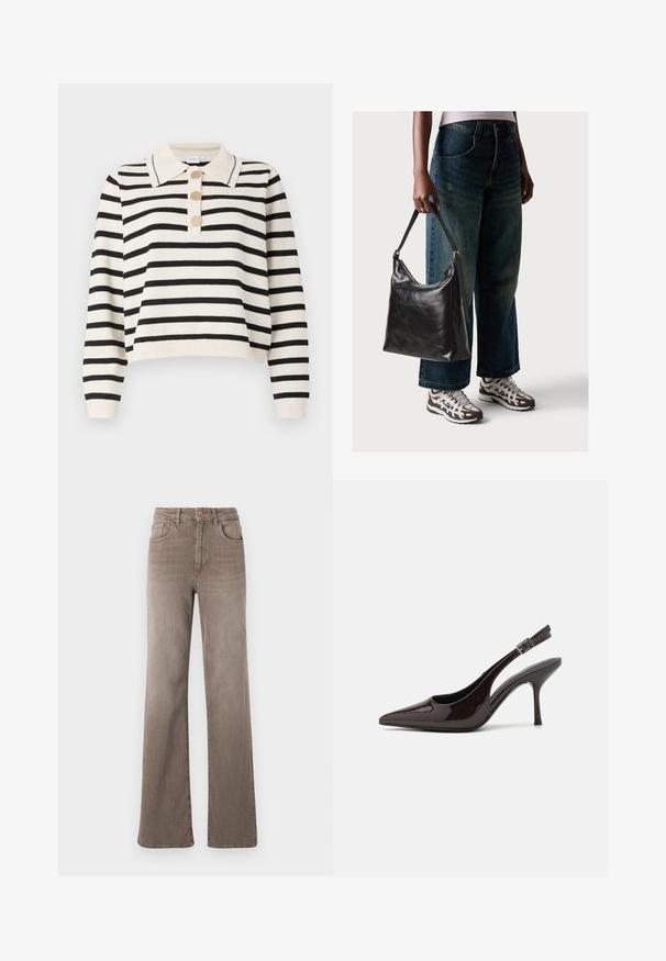 Juodai baltas dryžuotas megztinis su polo apykakle, trimis audiniu padengtomis mygtukais ir eglutės rašto rankovėmis bei apatine dalimi. Minkšta tekstūra ir sutrumpintas sukirpimas.; Rudos aukšto liemens tiesios kojos džinsai su priekyje esančiu mygtuku, dirželio kilpomis ir klasikiniu penkių kišenių dizainu baltoje fone.; Blizganti tamsiai ruda lakinės odos aukšto kulno bateliai, smailus nosis, atviros šoninės dalys ir reguliuojamas kulkšnies dirželis.; Juodas odinis peties krepšys su lygiu paviršiumi ir reguliuojama dirželiu, derinamas su nublukusiais plačiapurčiais džinsais ir sportiniais batais.