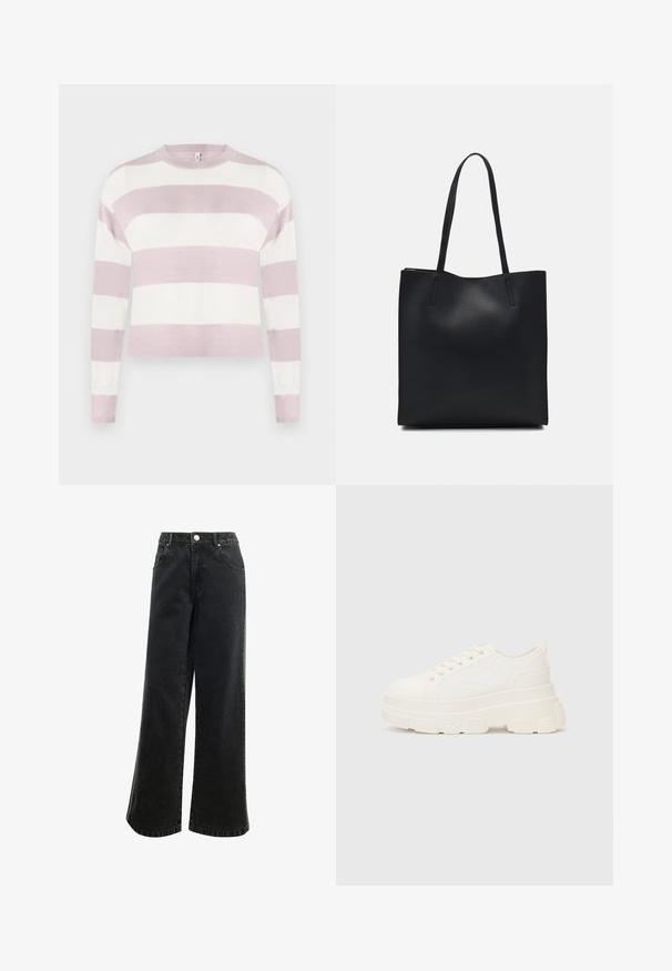Light pink and white striped knit sweater with long sleeves, round neck, and ribbed cuffs, featuring a cropped design and smooth texture.; High-waisted, wide-leg black denim pants with a button closure, five pockets, and a small logo embroidered on the front. Textured fabric.; White canvas sneaker with a chunky sole, rounded toe, and five eyelets for laces. Back tab for easy wear. Smooth texture, minimalist design.; Black leather tote bag with smooth texture, rectangular shape, and two long handles. No visible hardware or embellishments.