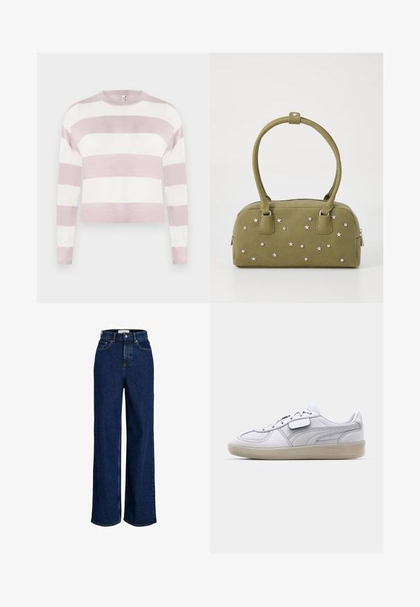 Light pink and white striped knit sweater with long sleeves, round neck, and ribbed cuffs, featuring a cropped design and smooth texture.; High-waisted, dark blue denim jeans with wide legs, front button, and five-pocket design.; White leather sneaker with gray accents, lace-up closure, and a textured rubber outsole. Features a prominent logo on the side.; Olive green faux suede handbag with silver star and stud embellishments. Features two short handles and a zip closure at the top.