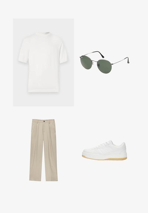Witte korte mouwen gebreide t-shirt met een ronde halslijn, met een gladde textuur en ribbelaccenten op de kraag en de zoom.; Beige broek met een rechte snit, voorzien van een enkele zwarte knoop, riemlussen en zijzakken. Glad stoffen textuur en een minimalistisch ontwerp.; Witte leren sneaker met een gematteerde afwerking, met een rubberen zool, vetersluiting en subtiele streepaccenten aan de zijkanten.; Metalen zonnebril met ovale groene lenzen. Dunne zilveren metalen rand en zwarte oorstoppers. Minimalistisch ontwerp, zonder zichtbare logo's.