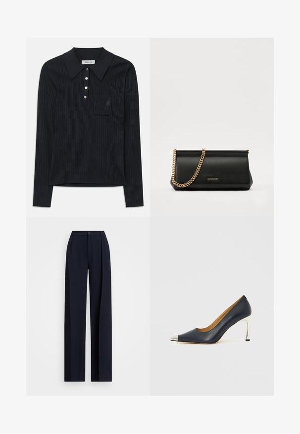 Svart ribbet strikket langermet polo-skjorte med krage, fire sølvknapper og en liten brystlomme med subtilt brodert logo.; Marinblå vide bukser med plissee, knaplukning og en glat tekstur. Designet for en løs og behagelig pasform.; Marineblå høyhælte skinnsko med spiss tå, som har en sølvfarget metallhatt og en blank sølvfarget stiletthæl.; Svart skinnkuvertveske med en gullkjede-rem, med en glatt tekstur, rektangulær form og preget merkevare på forsiden.
