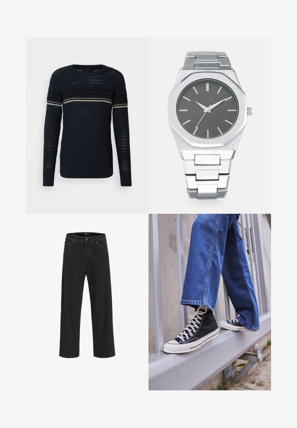 Navy knitted sweater with a round neck, featuring horizontal stripes in lighter shades and a textured pattern throughout. Long sleeves.; Black straight-leg denim jeans with button and zipper closure, belt loops, and front and back pockets.; Black high-top sneakers with white sole and laces, paired with loose blue denim jeans, resting on a gray railing.; Silver analog watch with an octagonal case, gray dial, silver hour markers, and a stainless steel link bracelet. Minimalist design with smooth texture.