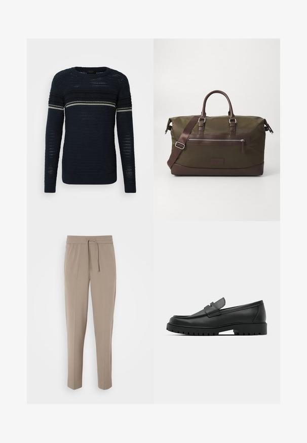 Marineblauer Strickpullover mit Rundhalsausschnitt, der horizontale Streifen in helleren Farbtönen und ein strukturiertes Muster aufweist. Mit langen Ärmeln.; Helle beigefarbene Hose mit elastischem Bund, verstellbarem Kordelzug und schmal zulaufenden Beinen. Der Stoff wirkt glatt mit einem leichten Glanz.; Schwarze Lederloafer mit runder Zehenform, ausgestattet mit einem gesteppten Design, niedrigem Plattformsohle und einer strukturierten, genoppten Gummisohle.; Canvas-Duffel-Tasche in Olivgrün mit braunen Lederakzenten, ausgestattet mit zwei Griffen, einem abnehmbaren Schultergurt und einer Vorderreißverschlusstasche.
