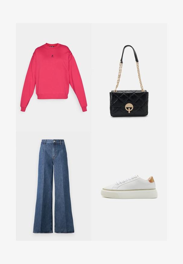 Fuchsiasveter so zúženým výstrihom, spustenými ramenami, rebrovanými manžetami a lemom, s malým čiernym logom na hrudi.; Džínsy s širokými nohavicami modrej farby s vysokým pásom, s klasickým päťpriestorovým štýlom a zapínaním na gombík, vyrobené z textúrovanej bavlnenej tkaniny.; Biele tenisky s hladkým koženým zvrškom, textúrovanou gumovou podrážkou, zaoblenou špičkou a reflexným detailom na päte.; Čierna prešívaná kožená kabelka so zlatým reťazovým popruhom, s okrúhlym zámkom na zapínanie. Kompaktný obdĺžnikový tvar so hladkým povrchom.