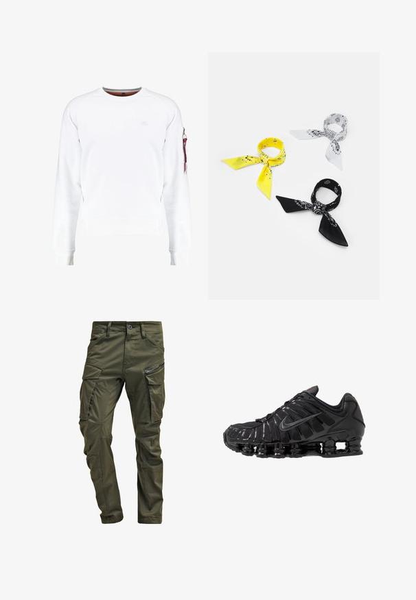 Weißer Sweatshirt mit einem gerippten Rundhalsausschnitt und Rippbündchen. Verfügt über eine mit Reißverschluss versehene linke Armtasche mit einem farbigen Etikett. Sanfte Textur, lässige Passform.; Junger Mann mit kurzen lockigen Haaren, der ein schlichtes weißes Kurzarm-T-Shirt und blaue Jeans trägt, mit den Händen in den Taschen steht.; Olivgrüne Cargo-Hosen aus strapazierfähiger Baumwolle. Sie verfügen über mehrere Taschen, eine mit Reißverschluss versehene Seitentasche und ein tapered Bein mit einer leicht strukturierten Oberflächenbeschaffenheit.; Schwarzer Sportschuh mit einem Obermaterial aus Mesh und synthetischem Material, das über ein geripptes Design, Schnürsenkel und eine klobige Sohle mit sichtbaren Dämpfungseinheiten verfügt.; Drei Bandanas: eine gelbe mit schwarzen Mustern, eine weiße mit schwarzen Designs und eine schwarze mit weißen Grafiken. Alle sind quadratisch und aus leichtem Stoff.