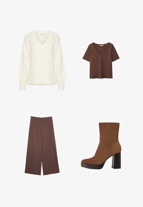 Kaffe LINANA - Pullover - chalk; T-shirt en coton brun avec des manches courtes et un décolleté en V profond. Design simple, texture douce et ourlet droit. Pas de motifs ni d'accents.; Pantalons larges marron avec une texture lisse, dotés d'une taille haute et de plis à l'avant. Le tissu est léger et tombe de manière fluide.; Botte cheville en suède marron avec un bout rond, un large talon à rayures noires et une surface lisse. Présente un design ajusté sans quincaillerie visible.