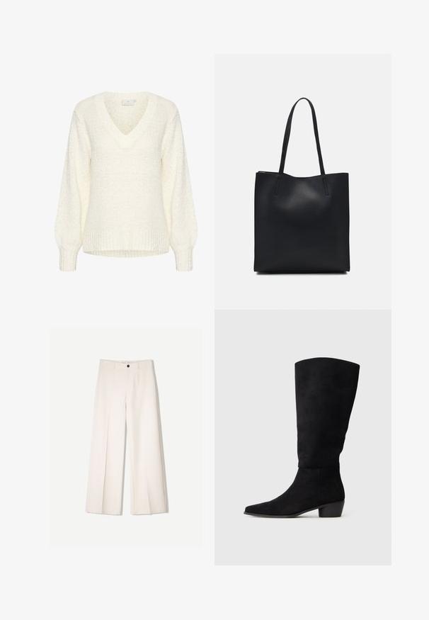 Kaffe LINANA - Stickad tröja - chalk; Krämfärgade byxor med vida ben och skräddarsydd design, med två framfickor och en enda knappstängning fram, tillverkade av ett smidigt tyg.; Svarta mocka knähöga stövlar med låg klack och spetsig tå, visade i sidovy på en enkel ljusgrå bakgrund.; Svart lädertoffelväska med slät textur, rektangulär form och två långa handtag. Ingen synlig hårdvara eller dekorationer.