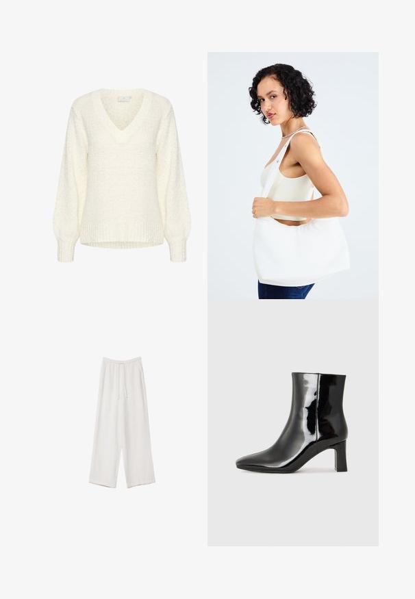 Kaffe LINANA - Svetrík - chalk; Biele široké nohavice vyrobené z ľahkej tkaniny. Obsahujú elastický pás so sťahovacou šnúrkou a bočné vrecká. Hladká textúra.; Čierne lakované členkové topánky s špicatou špičkou a stredne vysokým blokovým podpätkom. Hladká textúra a minimalistický dizajn.; Biely ramenný vak vyrobený z hladkého materiálu, s oválnym výrezom a širokým popruhom. Jednoduchý a moderný, bez viditeľného kovania.
