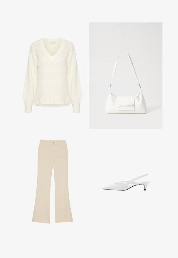 Kaffe LINANA - Pulover - chalk; Pantaloni bej evazați cu talie înaltă, realizati dintr-un materiale din bumbac. Prezintă buzunare frontale și posterioare, găici pentru curea și un singur nasture argintiu.; Sandale albe cu toc slingback și vârf ascuțit, având un upper neted, decupaje subtile și un toc bloc mic. Talpa neagră accentuează designul.; Geantă sintetică albă, cu formă triangulară, capac frontal plat și detaliu cu fundă, curea ajustabilă, textură netedă și design minimalist.