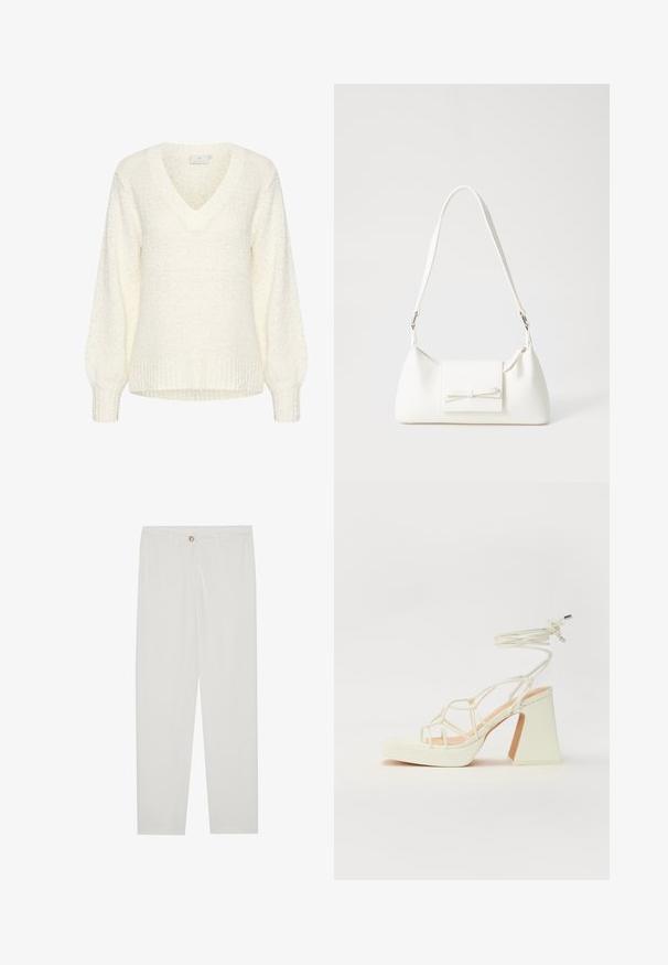Kaffe LINANA - Pulóver - chalk; Fehér, testreszabott nadrág egyenes szárú szabással, gombos záródással, övcsatolókkal és oldalsó zsebekkel; sima textúrájú anyag.; Fehér, magassarkú szandál vastag sarokkal, pántos dizájnnal és bokapánttal. Sima textúra, elülső platformmal a megnövelt magasság érdekében.; Fehér szintetikus kézitáska, háromszög alakú, lapos előlap, masni részlettel, állítható pánttal, sima textúrával és minimalista dizájnnal.