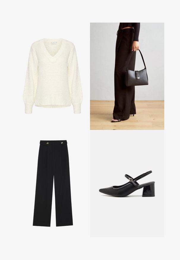 Kaffe LINANA  - Jumper - chalk; Black wide-leg trousers with high waist, button details on waistband, and front pleats.; Black patent leather slingback heels with a pointed toe, a rounded cutout design, and a block heel. Features a gold-tone buckle accent.; Black handbag with structured shape, smooth texture, and a metallic clasp. Paired with wide black pants and open-toe sandals on wooden floor.