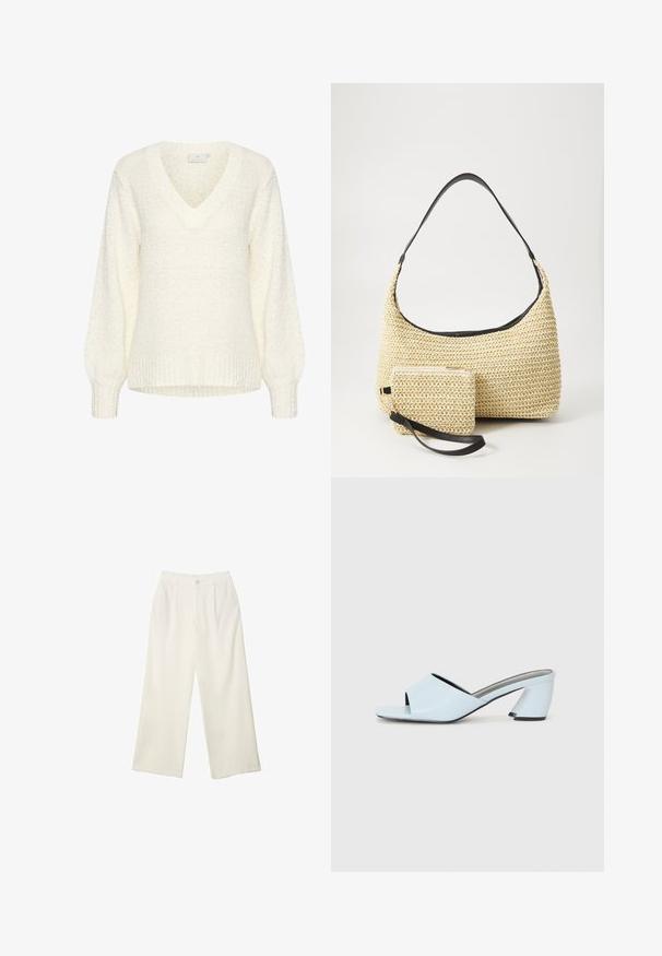 Kaffe LINANA - Neule - chalk; Kermanhousut vaaleassa kankaassa, jossa on sileä rakenne, yksittäinen etunappi, hienovaraiset laskokset ja korkea vyötärömuotoilu.; Vaaleansiniset avointoimiset koroketossut, joissa on geometrista muotoilua, leveä remmi jalan yli ja paksu, kulmikas korko.; Kudottu olkikassi kaarevalla siluetilla, jossa on sileä musta nahkaremmi ja siihen kiinnitetty yhteensopiva pieni pussukka rannekahvalla.