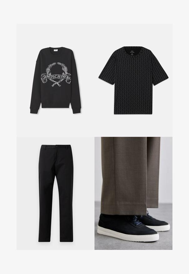 Črna džemper s krožnim izrezom z belim dizajnom lovorovega venca in križanih palic, ter napisom "MOSCHINO" na sprednji strani.; Črna majica s kratkimi rokavi, ki vsebuje teksturiran vzorec iz izmeničnih logotipov 'A', z okroglim izrezom. Narejena iz lahkega materiala.; Črne trdne hlače z ravnimi nogami, z gumbom in zadrgo, z luknjami za pas in sprednjimi žepi, prikazane na belem ozadju.; Črne nubuk teniske z belimi gumijastimi podplati, ki imajo zaobljen nos in vezalke, oblečene z sivimi krojenimi hlačami.