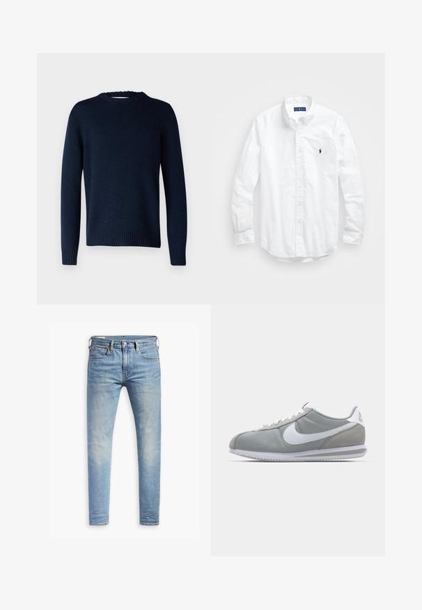 Selected Homme SLHCODY LS CREW NECK NOOS - Pulover - sky captain; Bela dolg rokav srajca s gumbi iz bombaža. Ima klasičen ovratnik, gumbnice na zapestjih in majhen temno moder vezen logotip na prsih.; Svetlo modri oprijeti džins s blagim bledenjem na stegnenicah, sprednji gumbasti zapenjač, zanke za pas in pet žepov na belem ozadju.; Sive tenisice za šport z zgornjim delom iz semiša in tekstila, belim Nike swooshom in belimi vezalkami. Imajo strukturirano gumijasto podplat in oblazinjen ovratnik.