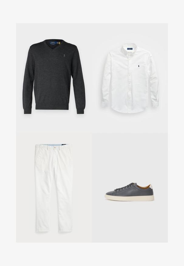 Polo Ralph Lauren SLIM FIT WASHABLE WOOL V-NECK JUMPER - Camisola - dark granite; Camisa branca de botão, feita de algodão. Apresenta um colarinho pontudo, mangas longas e um pequeno logótipo azul-marinho no peito. Textura suave.; Chinos brancos feitos de algodão, com frente lisa, passadores de cinto, dois bolsos laterais e um único bolso traseiro. Textura suave com perna reta.; Sapatilha de couro cinza com biqueira redonda, sola de borracha, atacadores planos e detalhes de cor clara no calcanhar. Textura suave e design minimalista.