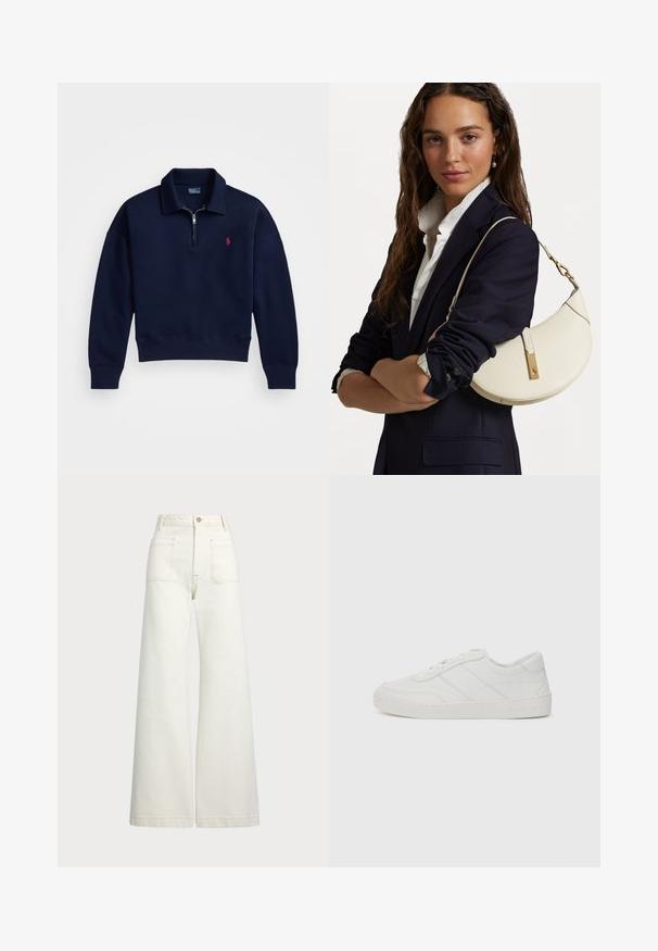 Jūras spēku ceturtdaļas rāvējslēdzēja pulovers, kas izgatavots no mīksta kokvilnas, ar ribotu apkakli, aprocēm un apakšmalu, uz krūtīm ar mazu sarkanu logotipu.; Platās kājas džinsi off-white denima. Augsta jostasvieta ar pogu aizdari, divas priekšējās kabatas un kontrastējošas šuvju detaļas.; Baltās ādas apavi ar plakaniem auklām, noapaļotu purngali un smalkiem šuvju elementiem. Iezīmēts ar teksturētu zoli un iespiestu zīmola logo uz papēža.; Balta ādas rokassoma ar izliekumu formu, zelta furnitūru un teksturētu apdari, valkāta pāri tumšam žaketam un baltai krekla.