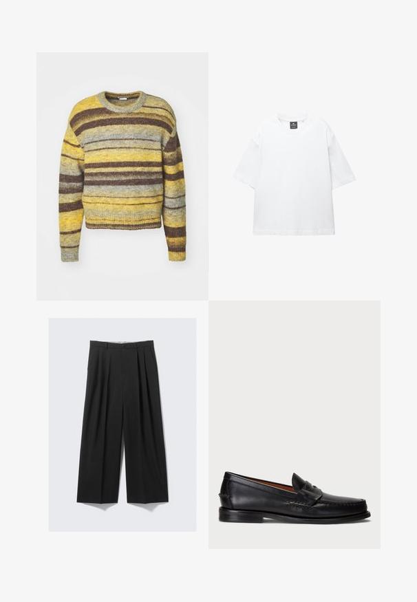 Stribet sweater med rund halsudskæring i nuancer af gul, grå og brun. Fremstillet af tekstureret strikstof med lange ærmer.; Hvid kortærmet T-shirt lavet af bomuld, med rund halsudskæring og løs pasform med lige kant. Ingen mønstre eller udsmykninger.; Sorte brede bukser med læg, knaplukning og bæltestropper, præsenteret fladt på en neutral baggrund.; Sorte læder slip-on sko med rund tå, syede detaljer og et dekorativt bånd tværs over fronten. Flad sål med et minimalistisk design.