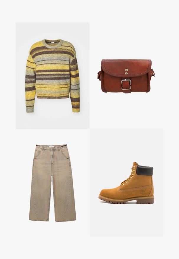 Maglione a righe con scollo rotondo, in sfumature di giallo, grigio e marrone. Realizzato in un tessuto a maglia testurizzato, con maniche lunghe.; PULL&BEAR MEGA BAGGY - Jeans baggy - light grey; Stivale alla caviglia in suede tan con collare imbottito nero, occhielli in metallo dorato, dettagli in cucitura bianca e suola in gomma robusta con battistrada pronunciato.; Borsa in pelle marrone con chiusura a patta, fibbia in metallo argentato e dettagli di cucitura a contrasto. Forma rettangolare compatta con una superficie liscia.