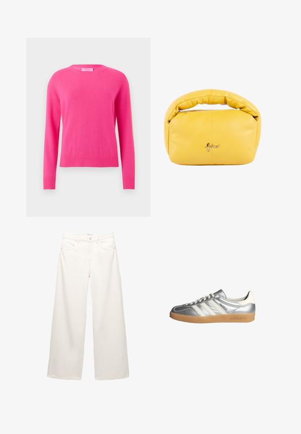 Fuchsiový sveter s dlhými rukávmi, okrúhlym výstrihom, rebrovanými manžetami a lemom. Jemná textúra, ľahká látka, jednoduchý dizajn bez vzorov alebo akcentov.; Biele široké džínsy vyrobené z denimového materiálu s vysokým pásom, obsahujúce predné vrecká a kovové prvky na zapínaní a zips.; Strieborné tenisky s bielymi akcentmi, vymedzené tromi pruhmi, s guľatou špičkou a gumovou podrážkou. Štruktúrovaný metalický materiál.; faina EMBELL - Kabelka - gelb