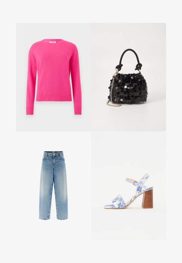 Pulover fucsia cu mâneci lungi, guler rotund, manșete și margine cu elastic. Textură moale, material ușor, design simplu fără modele sau accente.; Jeanși din denim albăstrui largi, cu talie înaltă, spălare deschisă, estompare subtilă, cusături duble și închidere cu buton în față.; Sandale cu imprimeu floral albastru, cu vârf pătrat, o curea lată și o curea ajustabilă la gleznă, având un toc bloc din lemn texturat.; Geantă mini neagră cu paiete, cu un umar texturat înnodat și un lanț argintiu. Formă rotundă cu partea de sus adunată și detalii reflectorizante.