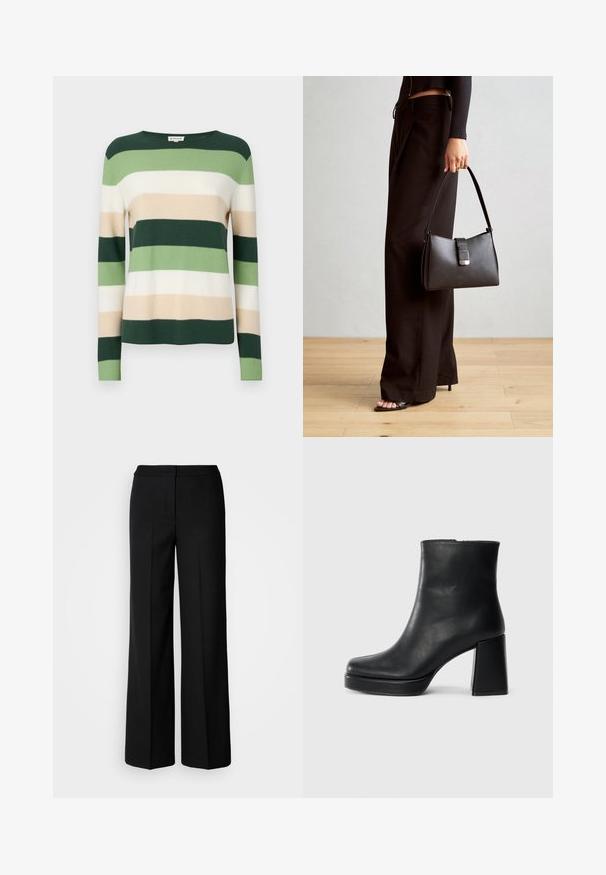 Pruhovaný sveter s dlhými rukávmi. Farby zahŕňajú tmavozelenú, svetlozelenú, krémovú a béžovú. Vyrobený z mäkkého pleteného materiálu. S okrúhlym výstrihom.; Čierne široké nohavice z hladkej tkaniny, s vysokým pasom, zúženými švami a minimalistickým dizajnom. Žiadne viditeľné kovové prvky alebo vrecká.; Čierne kožené členkové topánky s blokovým podpätkom a platformovou podrážkou, zobrazené z boku na bielom pozadí.; Čierna kabelka so štruktúrovaným tvarom, hladkou textúrou a kovovou sponou. V kombinácii so širokými čiernymi nohavicami a sandálmi s otvorenou špičkou na drevenej podlahe.