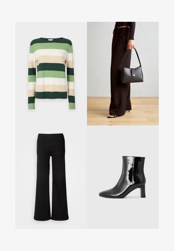 Striped sweater with long sleeves. Colors include dark green, light green, cream, and beige. Made from a soft knit material. Crew neckline.; Black wide-leg pants made of denim fabric, featuring front pockets, a button closure, and a smooth texture with a clean finish.; Black patent leather ankle boot with a pointed toe and a mid-height block heel. Smooth texture and minimalist design.; Black handbag with structured shape, smooth texture, and a metallic clasp. Paired with wide black pants and open-toe sandals on wooden floor.