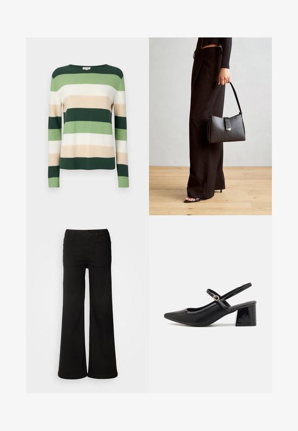 Maglione a righe con maniche lunghe. I colori includono verde scuro, verde chiaro, crema e beige. Realizzato in un morbido materiale lavorato a maglia. Collo a giro.; Pantaloni neri a gamba larga in tessuto denim, dotati di tasche sul davanti, chiusura con bottone e texture liscia con una finitura pulita.; Décolleté in vernice nera con cinturino dietro, punta affusolata, design con ritagli arrotondati e tacco a blocco. Presenta un accento di fibbia tono oro.; Borsa nera con forma strutturata, texture liscia e una chiusura metallica. Abbinata a pantaloni neri larghi e sandali open-toe su un pavimento in legno.