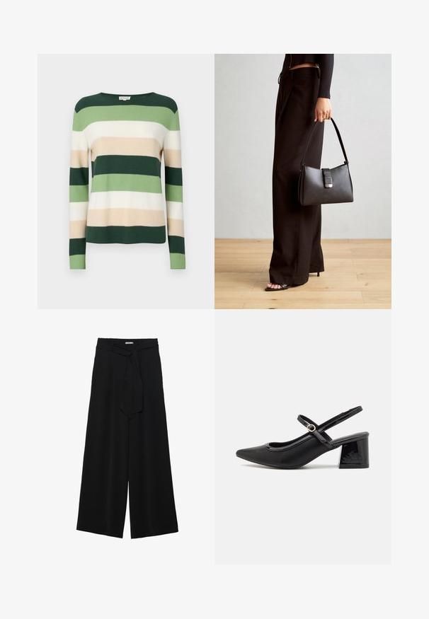 Maglione a righe con maniche lunghe. I colori includono verde scuro, verde chiaro, crema e beige. Realizzato in un morbido materiale lavorato a maglia. Collo a giro.; Pantaloni neri a gamba larga caratterizzati da un tessuto testurizzato, una vita elastica e una cintura staccabile per una vestibilità regolabile.; Décolleté in vernice nera con cinturino dietro, punta affusolata, design con ritagli arrotondati e tacco a blocco. Presenta un accento di fibbia tono oro.; Borsa nera con forma strutturata, texture liscia e una chiusura metallica. Abbinata a pantaloni neri larghi e sandali open-toe su un pavimento in legno.