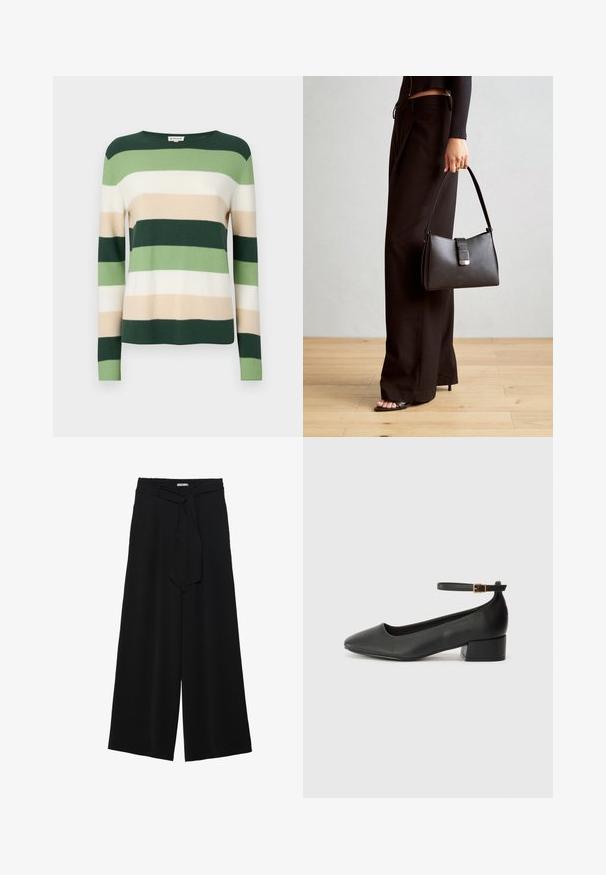 Sweter w paski z długimi rękawami. Kolory to ciemna zieleń, jasna zieleń, kremowy i beżowy. Wykonany z miękkiego materiału dzianinowego. Okrągły dekolt.; Czarne spodnie szerokie z teksturowanej tkaniny, z elastycznym paskiem w talii i odpinanym paskiem w talii dla regulowanego dopasowania.; Czarne skórzane szpilki z ostrym noskiem i niskim słupkowym obcasem. Wyposażone w pasek na kostkę z złotym zapięciem. Gładka tekstura.; Czarna torebka o usztywnionym kształcie, gładkiej fakturze i metalowym zapięciem. Połączona z szerokimi czarnymi spodniami i sandałami na otwartym palcu na drewnianej podłodze.