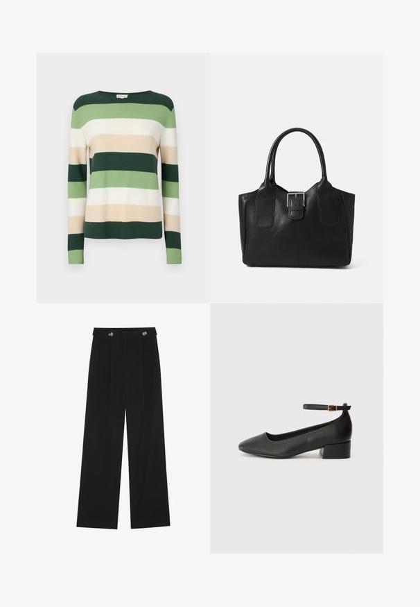 Striped sweater with long sleeves. Colors include dark green, light green, cream, and beige. Made from a soft knit material. Crew neckline.; Black wide-leg trousers with high waist, button details on waistband, and front pleats.; Black leather pump with a pointed toe and a low block heel. Features an ankle strap with a gold-tone buckle. Smooth texture.; Black leather tote bag with smooth texture, structured shape, two handles, and a prominent silver buckle detail on the front.