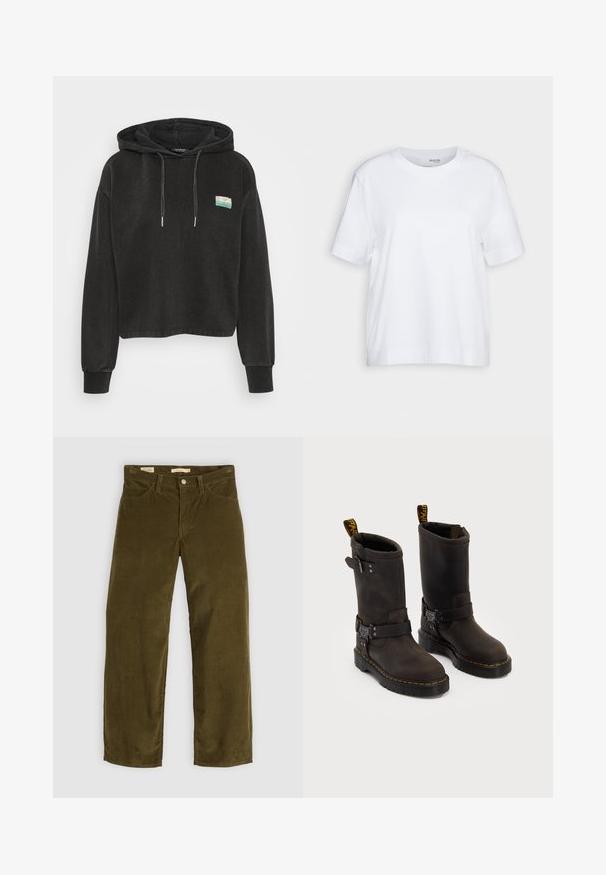 Hanorac scurt, negru, fabricat dintr-un material moale, având un buzunar tip kangaroo, glugă cu șnur și o mică broderie colorată pe partea din față.; Tricou alb cu mânecă scurtă, gât rotund, fabricat din bumbac moale și neted, cu un tiv drept și detalii minime. Design simplu și versatil.; Pantaloni din catifea ondulată de culoare verde măsliniu, cu un design cu picior drept, având buzunare frontale și închidere cu nasturi, prezentând o textură verticală cu nervuri.; Bocanci din piele maro închis cu un design până la jumătatea tibiei, cusături galbene, curele cu catarame ajustabile și bucle pentru tragere în partea de sus. Finisaj texturat.