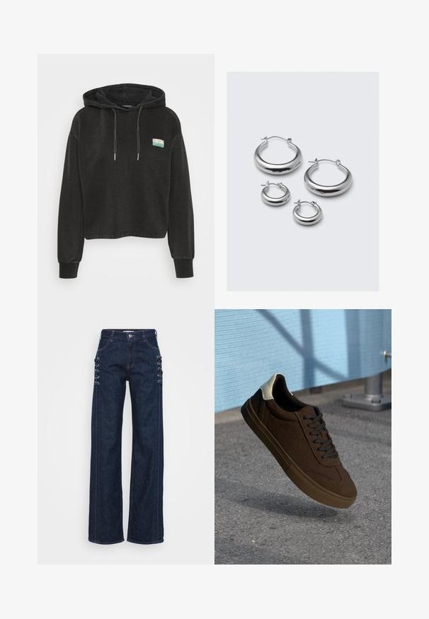 Hanorac scurt, negru, fabricat dintr-un material moale, având un buzunar tip kangaroo, glugă cu șnur și o mică broderie colorată pe partea din față.; Jeans din denim albastru închis, cu croi larg, prezentând accente de șireturi pe laterale, cusături contrastante portocalii și un design clasic cu cinci buzunare.; Adidași de piele întoarsă maroon, cu șireturi negre, având un capac alb pe călcâi și detalii de cusătură texturată. Talpă din cauciuc.; Patru perechi de cercei din argint în diferite dimensiuni: cercuri mari netede și stiluri rotunjite mai mici cu finisaj lustruit și clape simple.