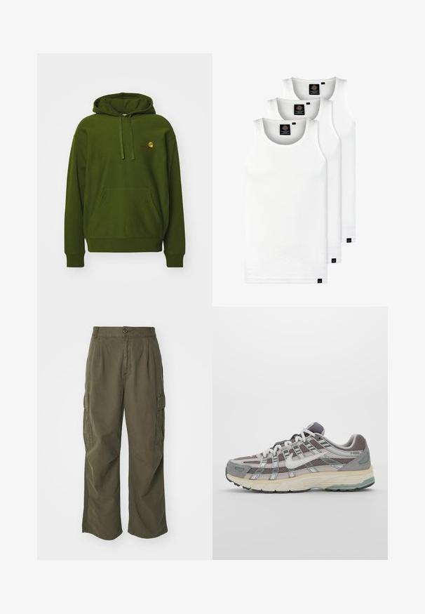 Hoodie vert en mélange de coton, avec une poche kangourou, une capuche réglable à cordon de serrage et un logo brodé sur la poitrine.; Trois débardeurs blancs côtelés en coton. Présentent un col rond et de petites étiquettes noires près de l'ourlet. Disponibles en plusieurs tailles.; Pantalons cargo en vert olive, en coton, avec une coupe large, des plis et des poches latérales pour plus de praticité.; Chaussure de sport grise avec une tige en mesh et en daim, accents blancs, semelle rembourrée et un design distinctif avec des éléments réfléchissants.