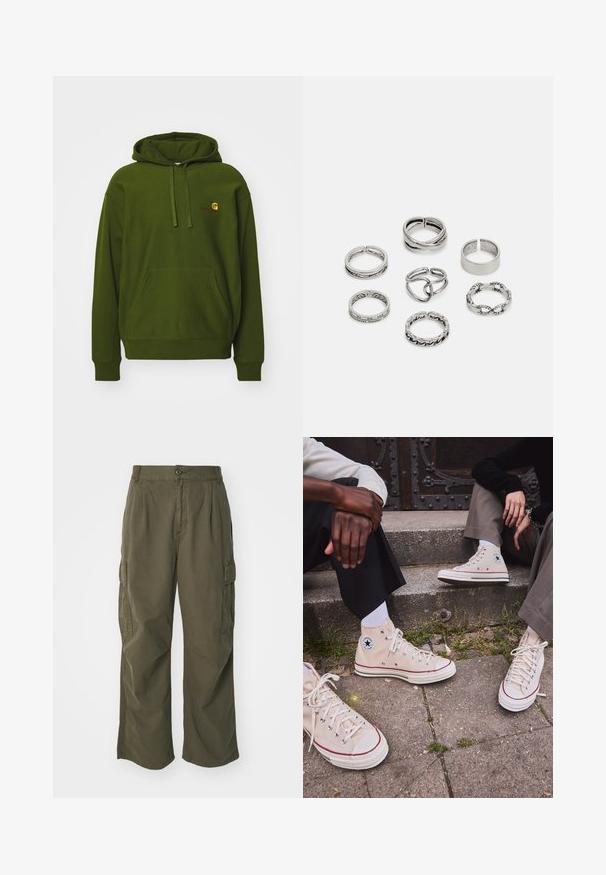 Hoodie vert en mélange de coton, avec une poche kangourou, une capuche réglable à cordon de serrage et un logo brodé sur la poitrine.; Pantalons cargo en vert olive, en coton, avec une coupe large, des plis et des poches latérales pour plus de praticité.; Baskets montantes en toile beige avec rayure rouge, semelle en caoutchouc blanc et œillets en métal, arborant un logo étoile emblématique sur le côté.; Ensemble de sept bagues en argent présentant divers designs, notamment des motifs torsadés, entrelacés et gravés. Différentes formes et largeurs.