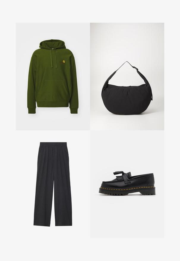 Zelena kapuca iz mešane bombažne tkanine, z kengursko žepom, nastavljivo vrvico na kapuci in izvezenim logotipom na prsih.; Široke hlače iz temno sive tkanine. Imajo nabore na pasu, prilagojen dizajn in ravno silhueto.; Črne usnjene loafersice s kaširanim naglasom, z debelim črnim podplatom in rumenim šivom ob robu. Teksturirana površina.; Črna platnena torba za ramo s ukrivljeno obliko, opremljena z enim trakom in zadrgo. Mehak material, minimalističen dizajn.