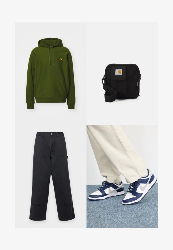 Felpa verde in misto cotone, con tasca a kangaroo, cappuccio regolabile con coulisse e logo ricamato sul petto.; Pantaloni black a gamba larga in tessuto denim con grandi tasche anteriori, taglio dritto e cuciture a contrasto. Presentano una chiusura con bottone metallico.; Sneakers Nike con una combinazione di colori blu navy, bianco e grigio. Le caratteristiche includono punta perforata, lacci e suola in gomma testurizzata.; Borsa a tracolla nera con un compartimento principale con zip, tasca frontale, tracolla regolabile e una patch del logo visibile sul risvolto.