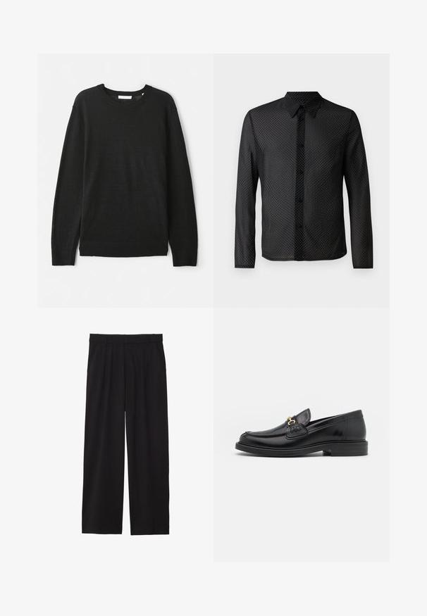 Černý svetr s dlouhými rukávy vyrobený z lehkého pleteného materiálu. Má kulatý výstřih a žebrované manžety a lem. Bez vzorů či ozdob.; Černá košile s designem na knoflíky, dlouhými rukávy a bílým puntíkovaným vzorem, vyrobená z lehké, průsvitné tkaniny.; Černé široké kalhoty s skladaným předním dílem, bočními kapsami a hladkou texturou tkaniny. Navrženy pro pohodlný střih.; Černé kožené mokasíny s zaoblenou špičkou, vyznačující se zlatými kovovými detaily a prošíváním, umístěné na nízké, texturované gumové podrážce.